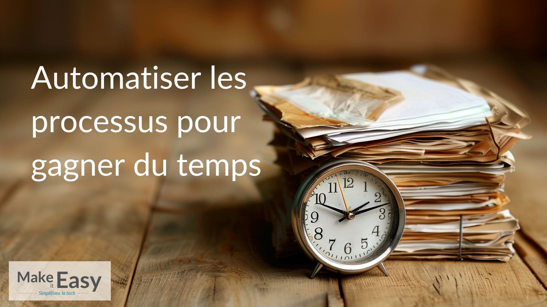 Automatiser les processus pour gagner du temps : Une horloge et une pile de documents, symbolisant le gain de temps.