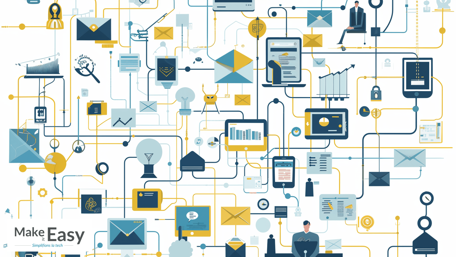 Automatiser les processus : Une illustration montrant des rouages interconnectés représentant différents aspects d'un business (emails, finances, tâches)