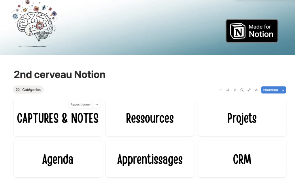 Exemple de tableau de bord dans Notion servant de 2ème cerveau Notion