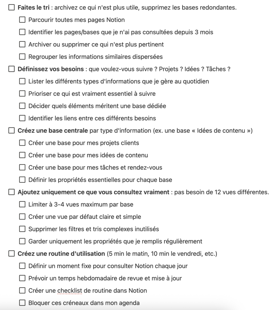 Exemple de base Notion utilisée pour construire un deuxième cerveau efficace