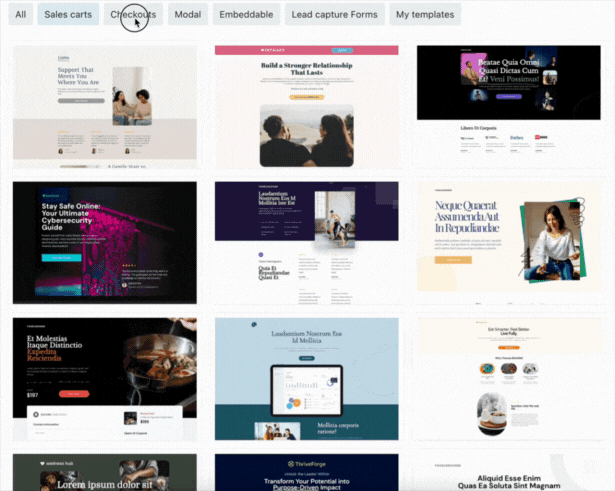 Aperçu des templates de pages de vente et de paiement disponibles dans ThriveCart, entièrement personnalisables ou créables de zéro.