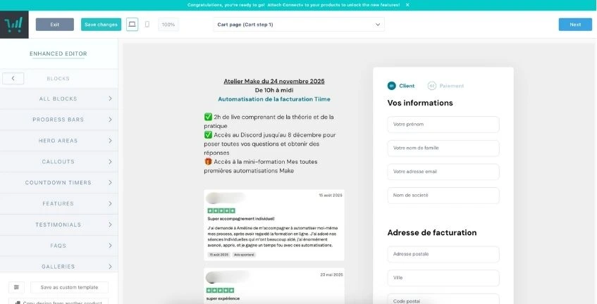 Interface drag & drop de ThriveCart pour créer et personnaliser facilement des pages de paiement et de vente.