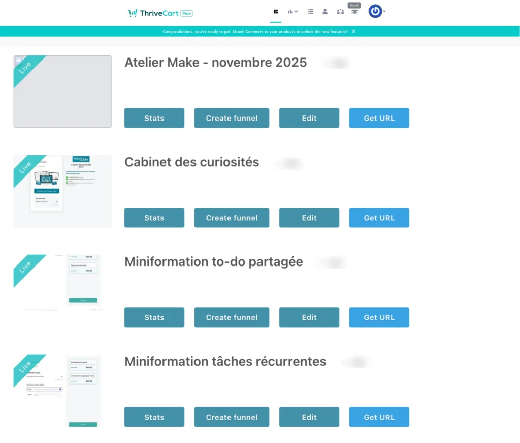 Tableau de bord ThriveCart avec plusieurs produits numériques et formations en ligne — outil idéal pour infopreneurs, freelances et créateurs de formations.