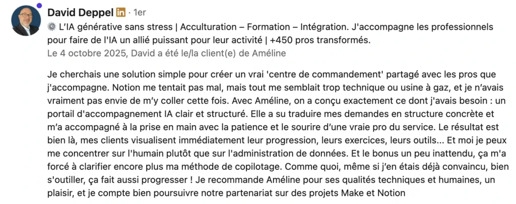 Avis de David pour qui j'ai réalisé un template notion sur mesure